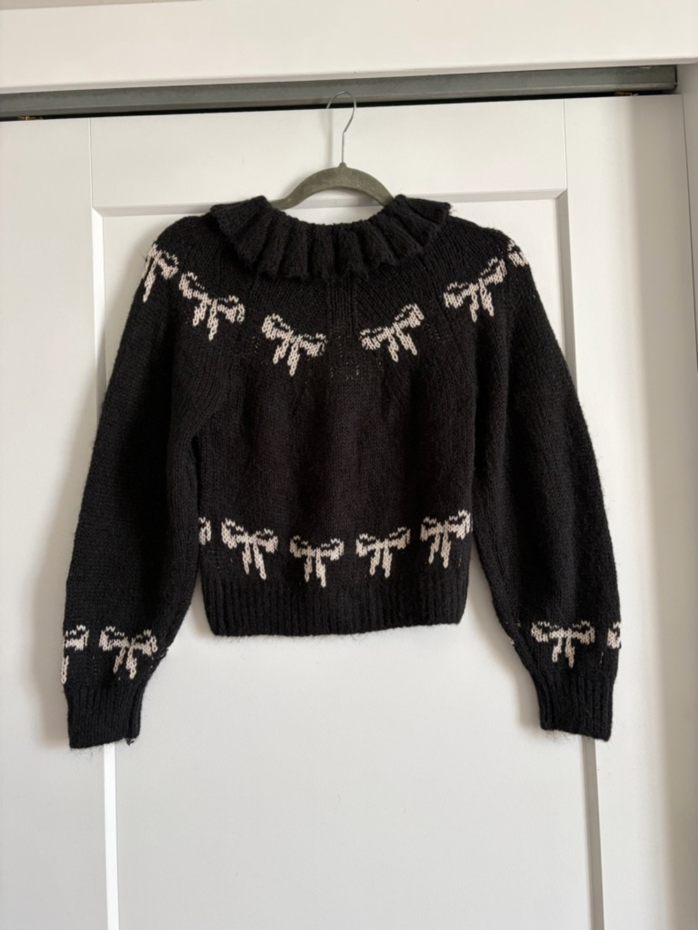 Kimchi Blue Black Cardigan Sweater with Cream Bow Accents - Picture 2 of 4